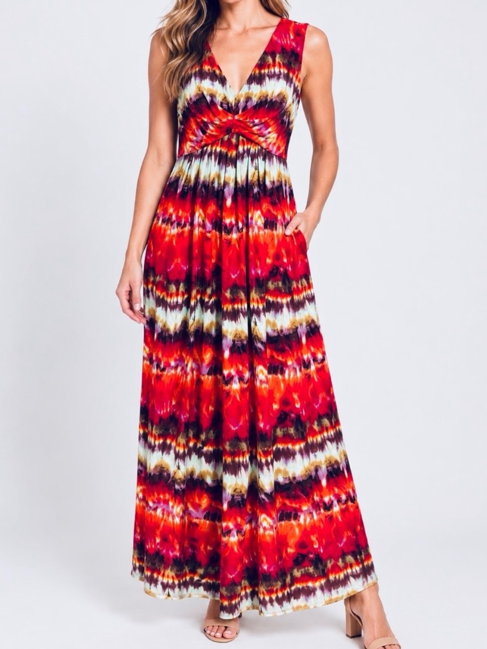 Chico’s Tie Dye Abstract Print Sleeveless V Neck Maxi Dress Empire Waist Medium